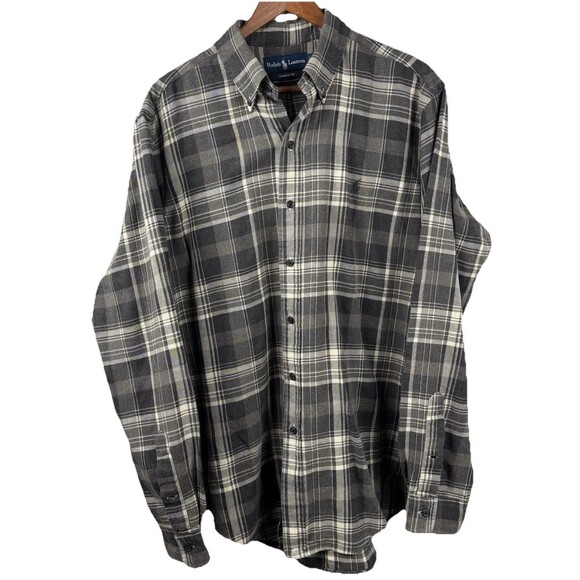 Ralph Lauren Men Large long Sleeve Shirt Flannel Brown Plaid Classic Fit Pony - Picture 2 of 9